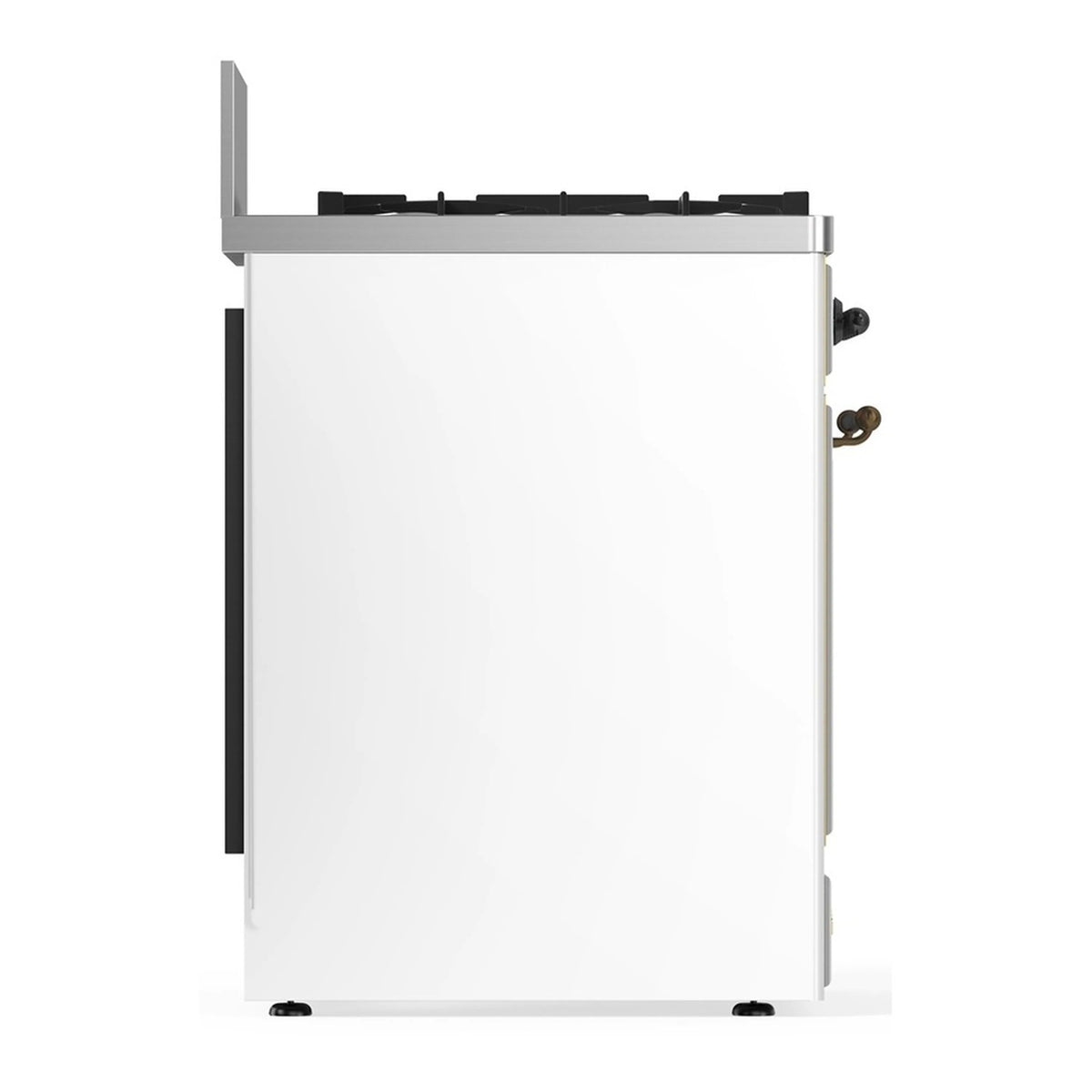 White dual fuel range side profile with black trim and brass handle accents