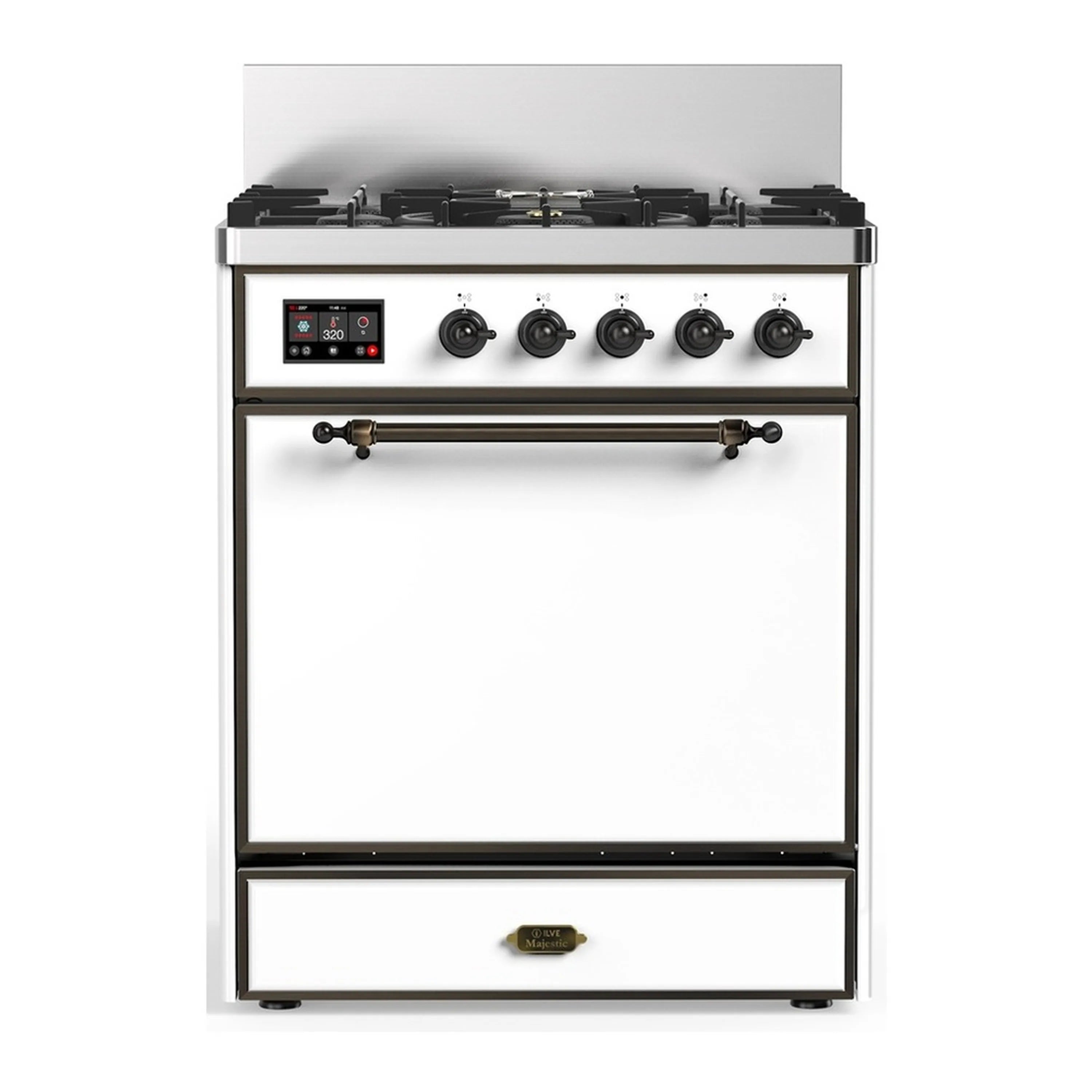 White dual fuel range with 5 black burner grates, front knobs, and gold trim