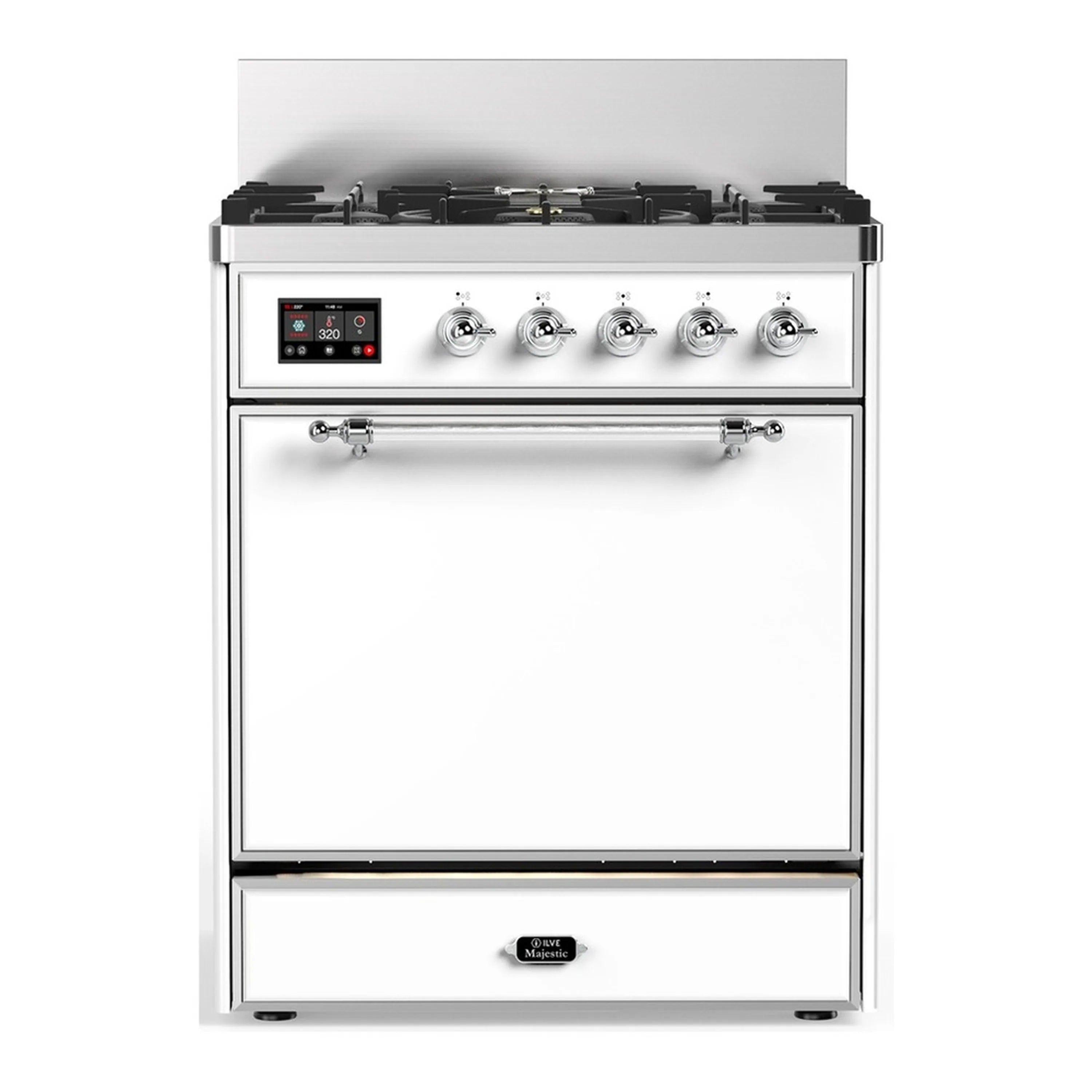 White dual fuel range, chrome trim, five gas burners, control panel, closed oven door