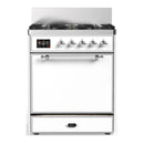 ILVE Majestic III 30-inch Dual Fuel Range with 5 Natural Gas Burner and Solid Door Electric Oven in White with Chrome Trim (UM30QNR3WHC)