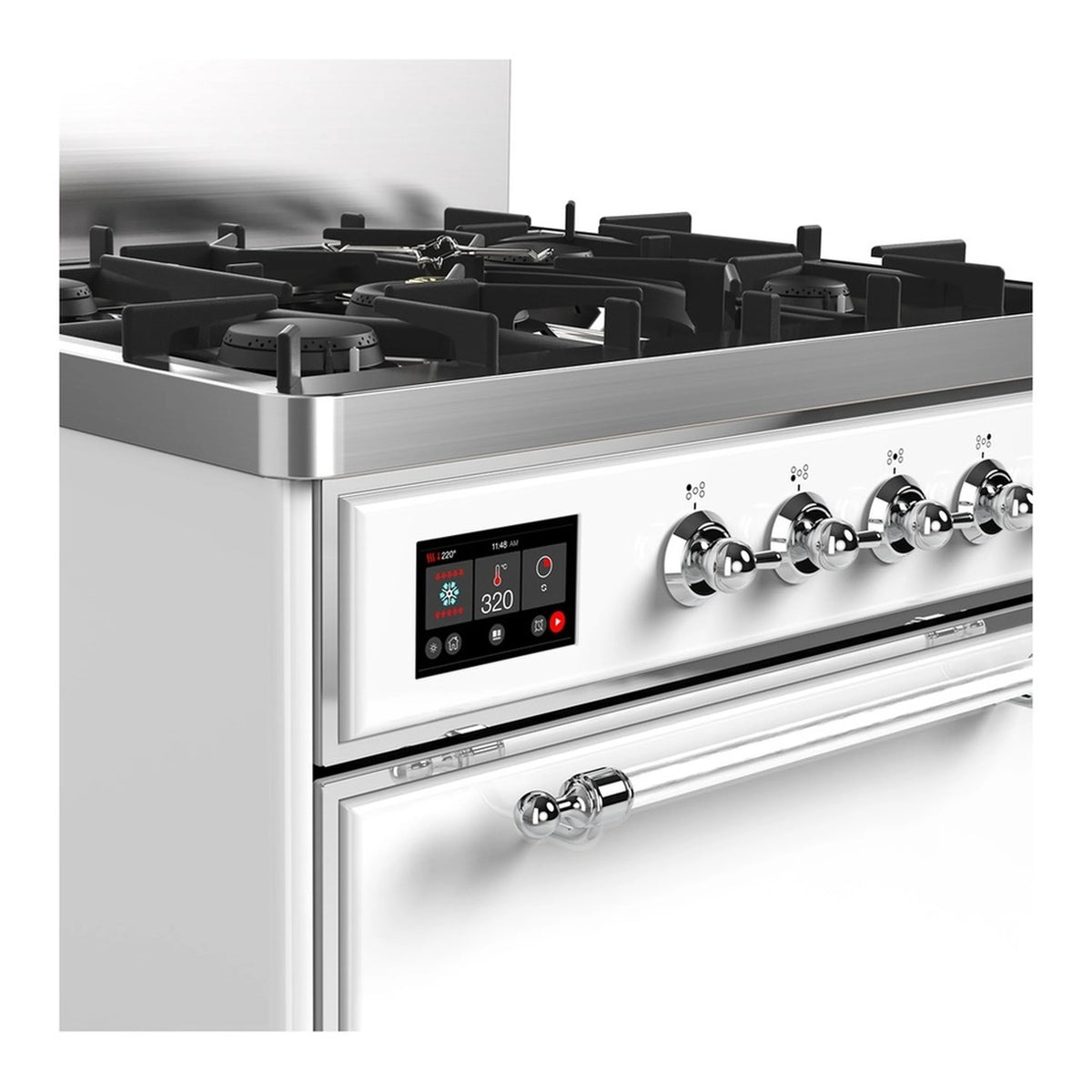 White dual fuel range cooktop with five black burner grates and chrome control knobs