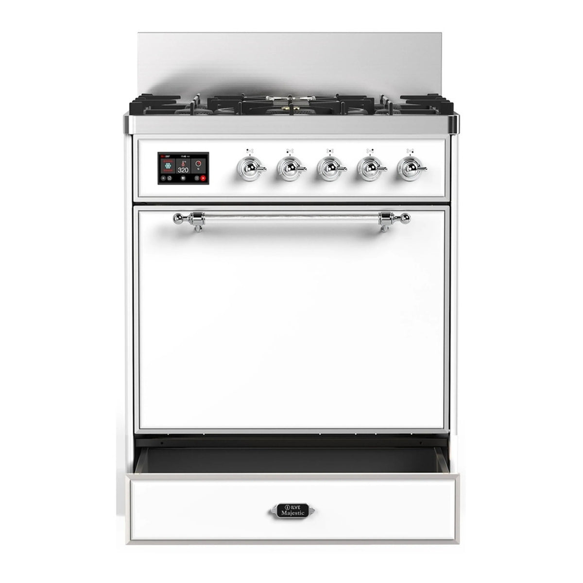 White dual fuel range with chrome trim, five burners, control panel, and oven door handle