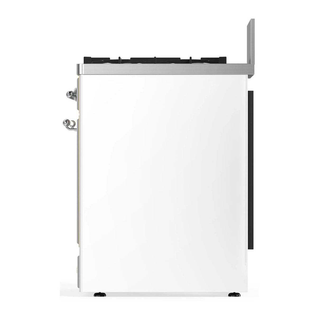White dual fuel range side panel with chrome side hardware and burner grates on top