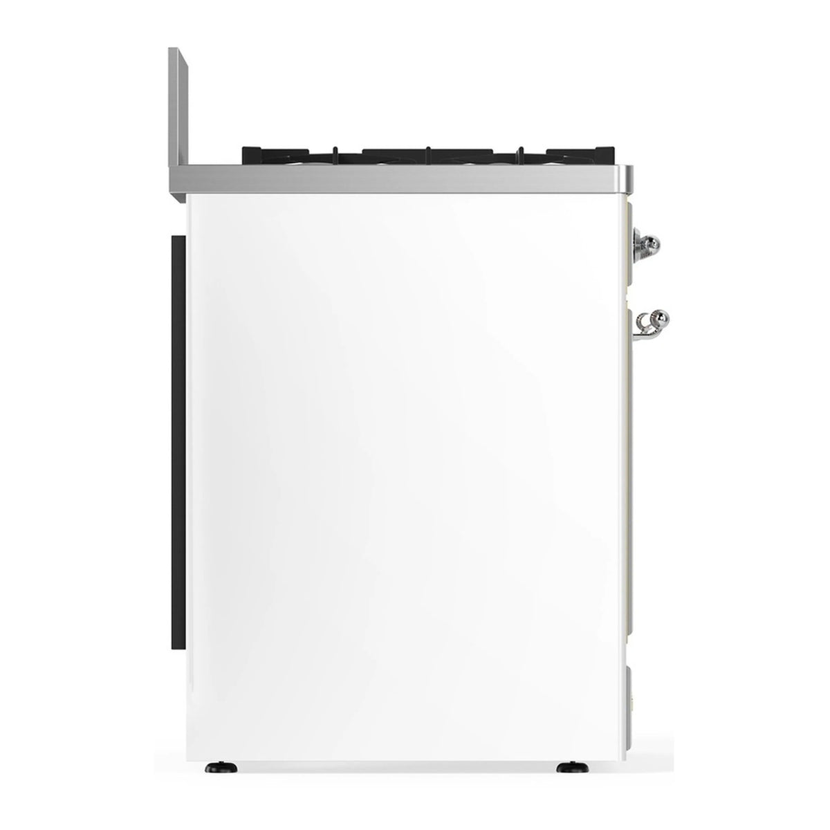 White dual fuel range side profile with raised back and chrome mounting hardware