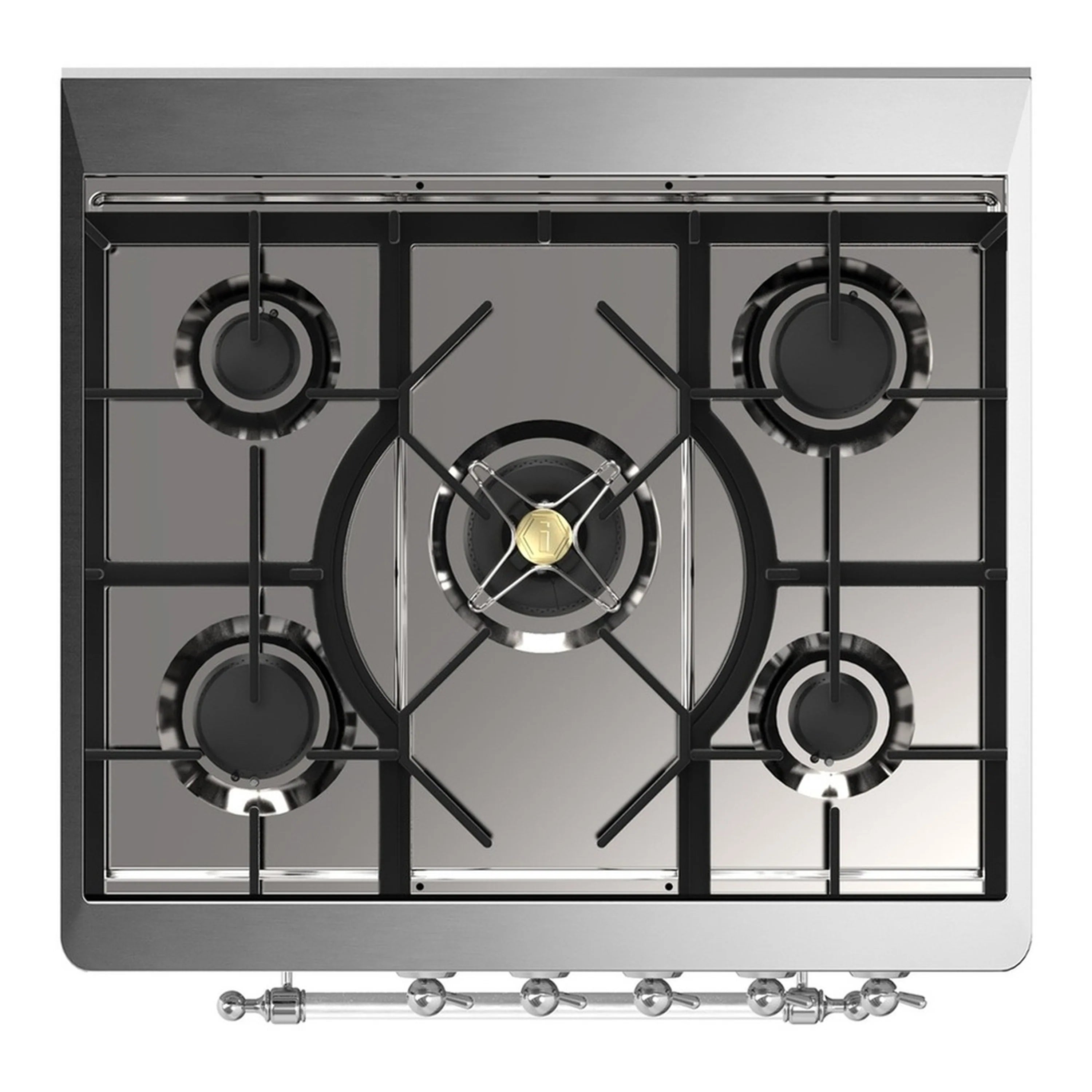 Black cast-iron burner grates on a white dual fuel range cooktop