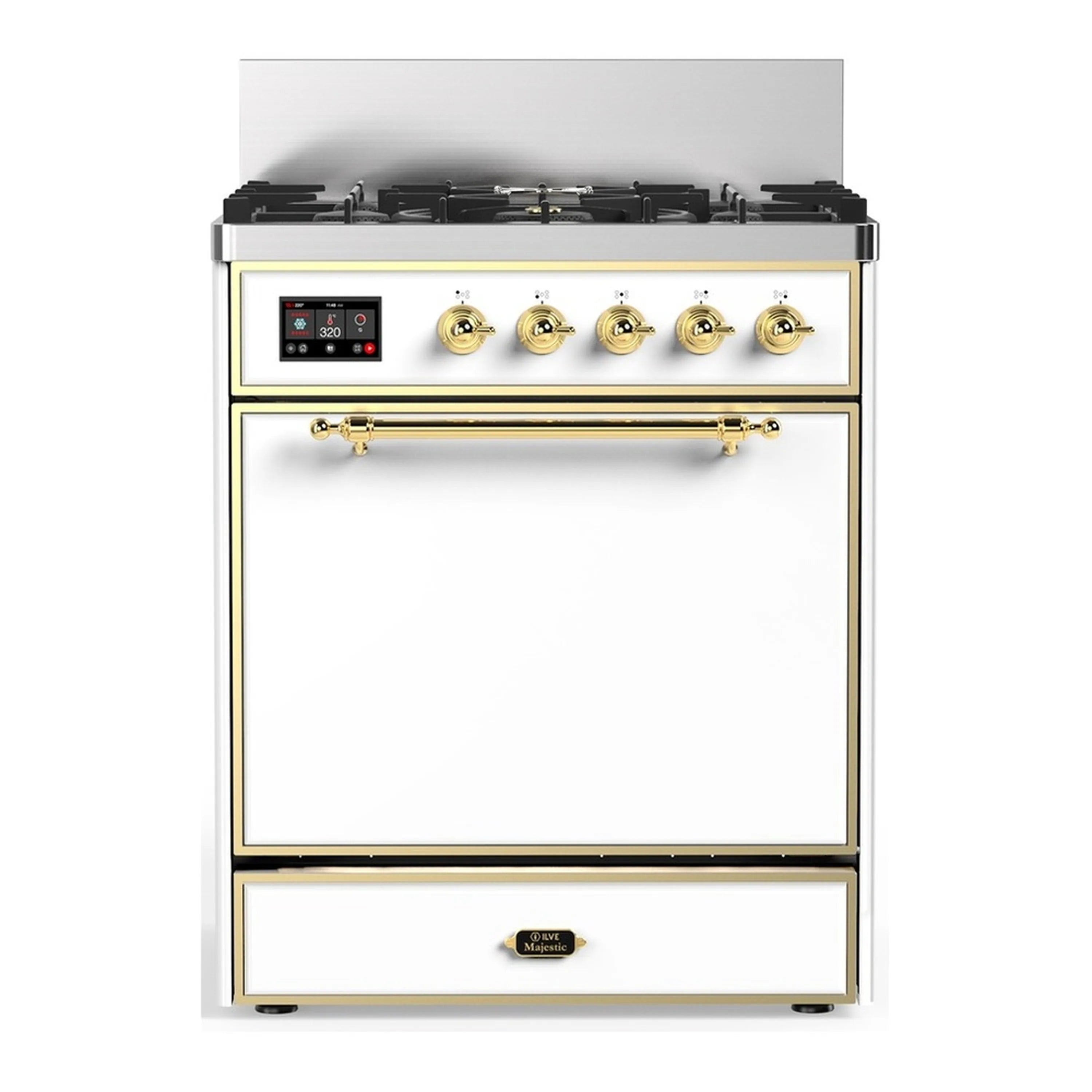 White dual fuel range with brass trim, five black burners, and control panel.