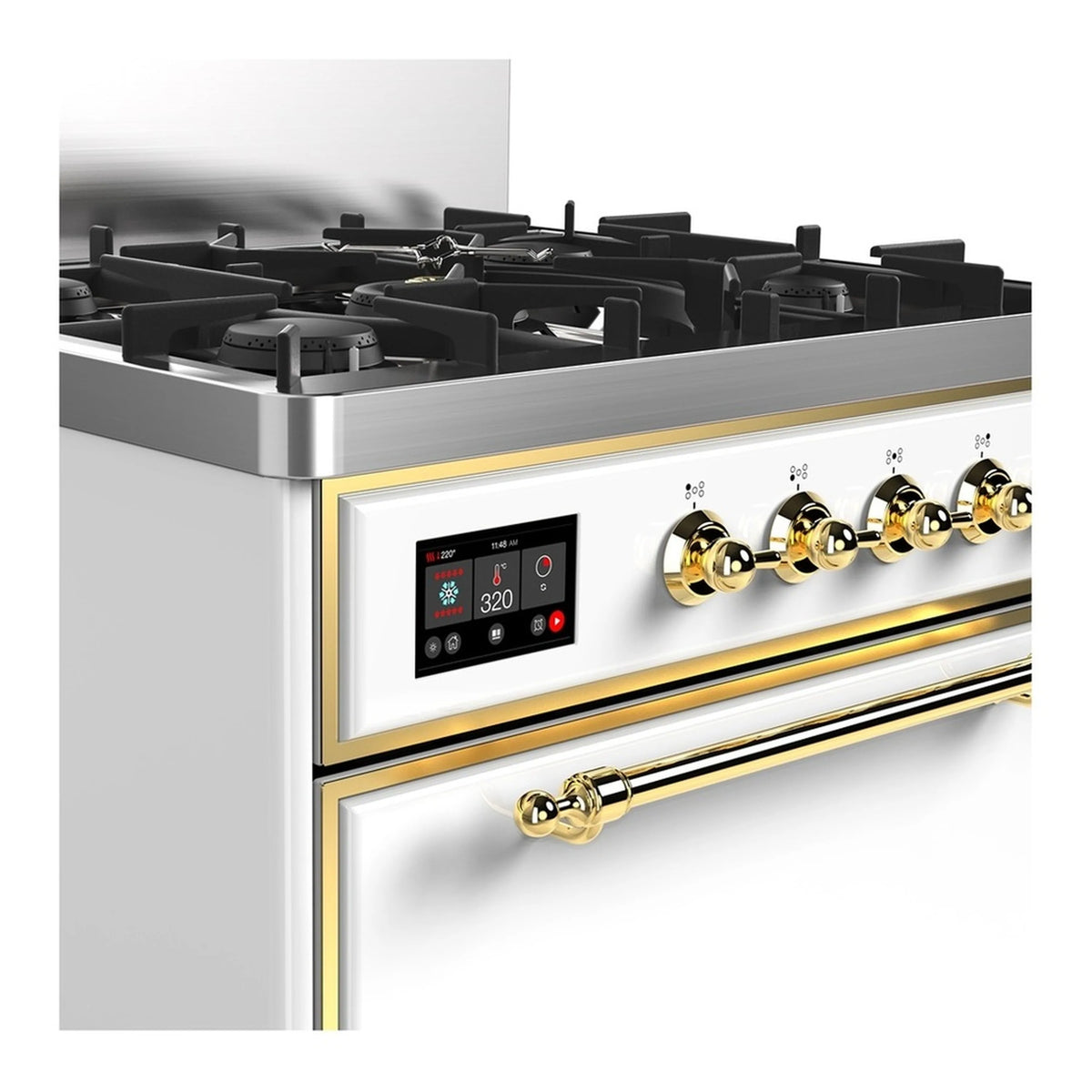 Dual fuel range cooktop with black grates, brass knobs, and digital control display.