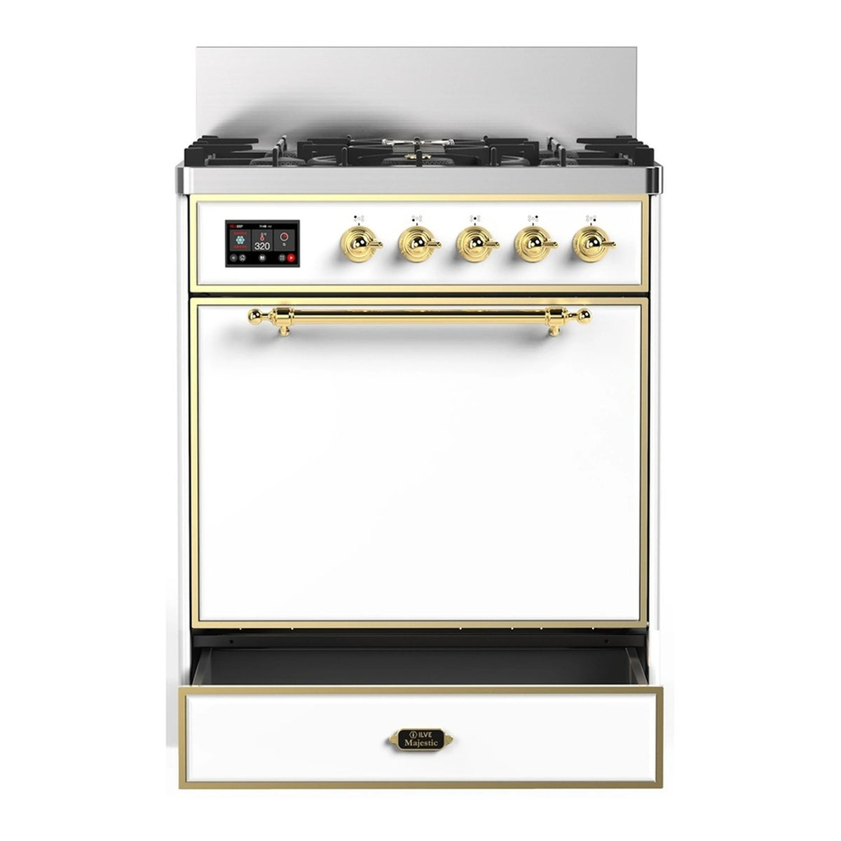 White dual fuel range with brass trim, burners, and solid door oven plus drawer.