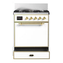 ILVE Majestic III 30-inch Dual Fuel Range with 5 Liquid Propane Burner and Solid Door Electric Oven in White with Brass Trim (UM30QNR3WHGLP)