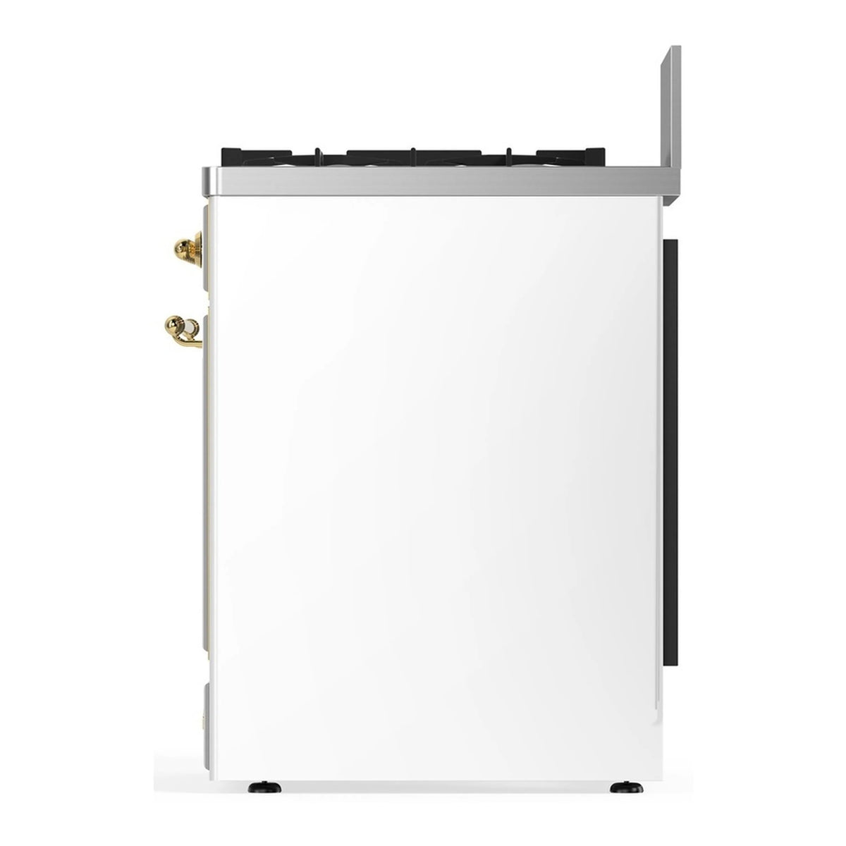 White dual fuel range side profile with brass hardware and black burner frame.