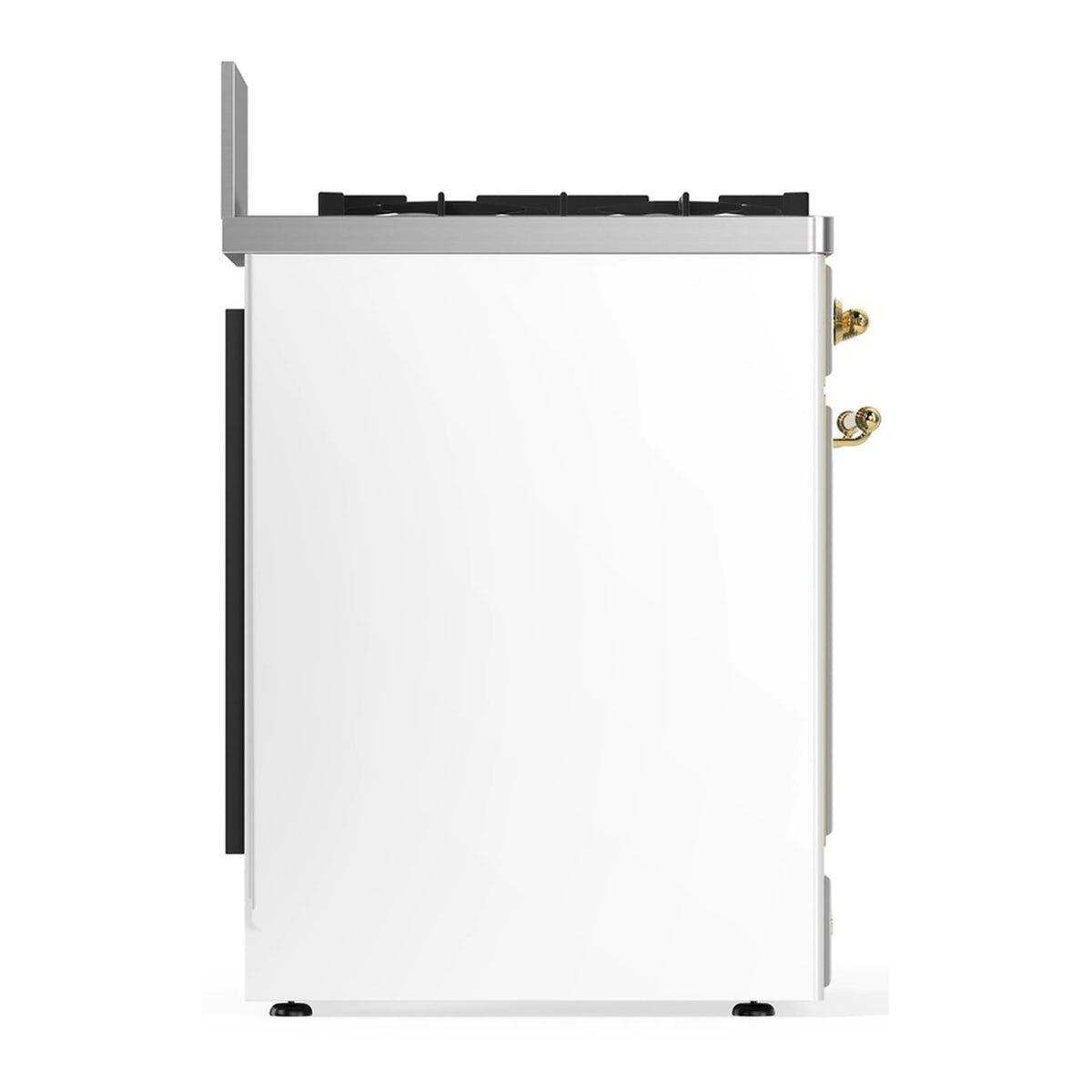 White dual fuel range side profile with brass trim accents and black door edge.