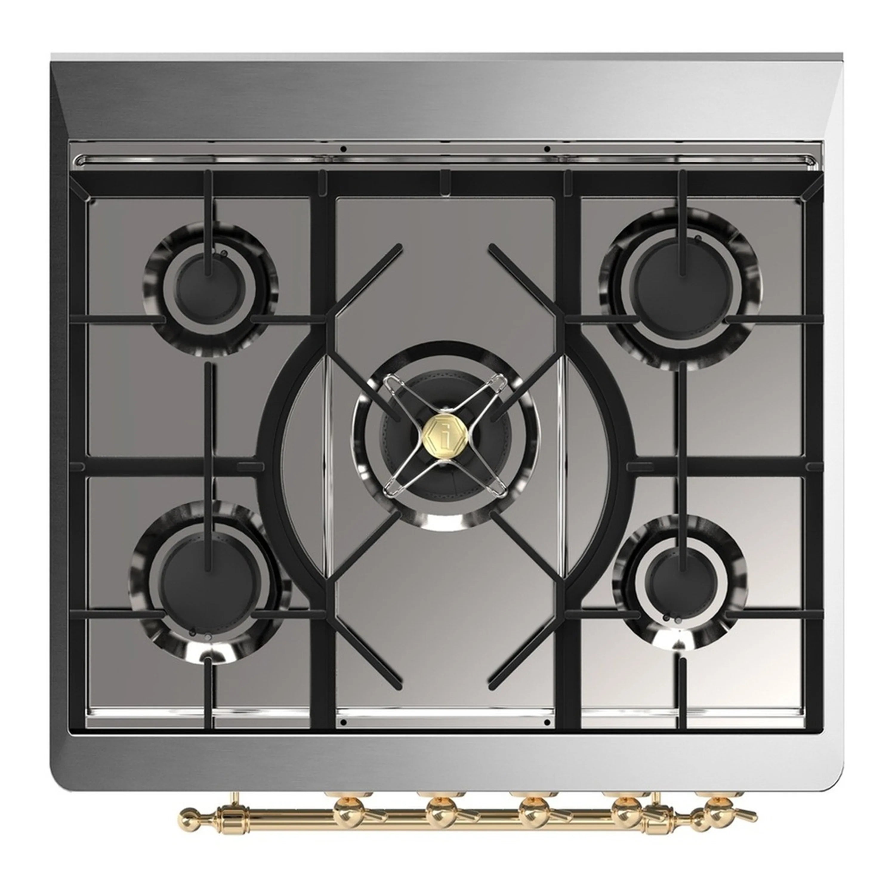 Stainless and black gas cooktop with 5 burners and brass crossbar control