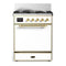 ILVE Majestic III 30-inch Dual Fuel Range with 5 Natural Gas Burner and Solid Door Electric Oven in White with Brass Trim (UM30QNR3WHG)