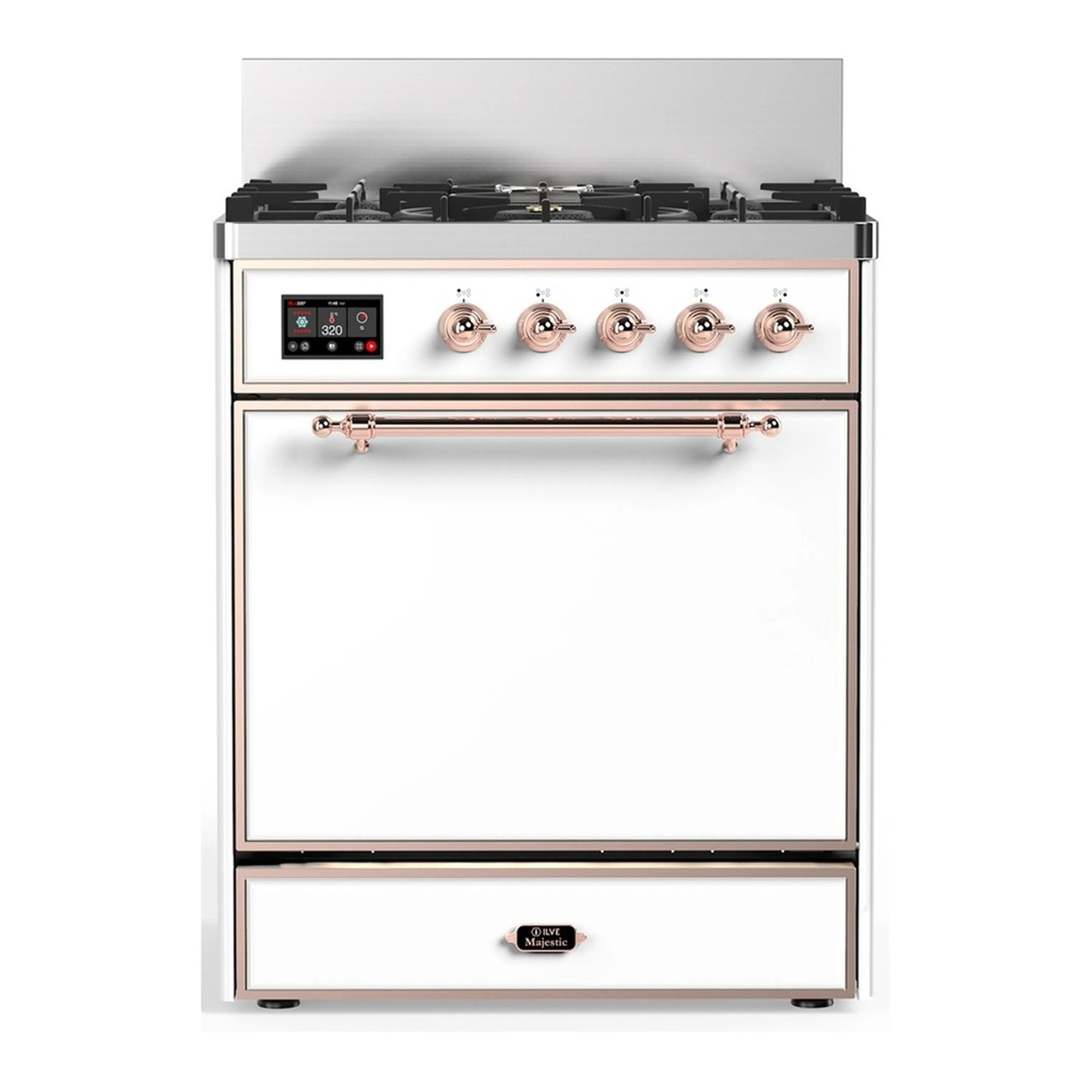 White dual fuel range with copper-trimmed front, 5 gas burners and control panel.