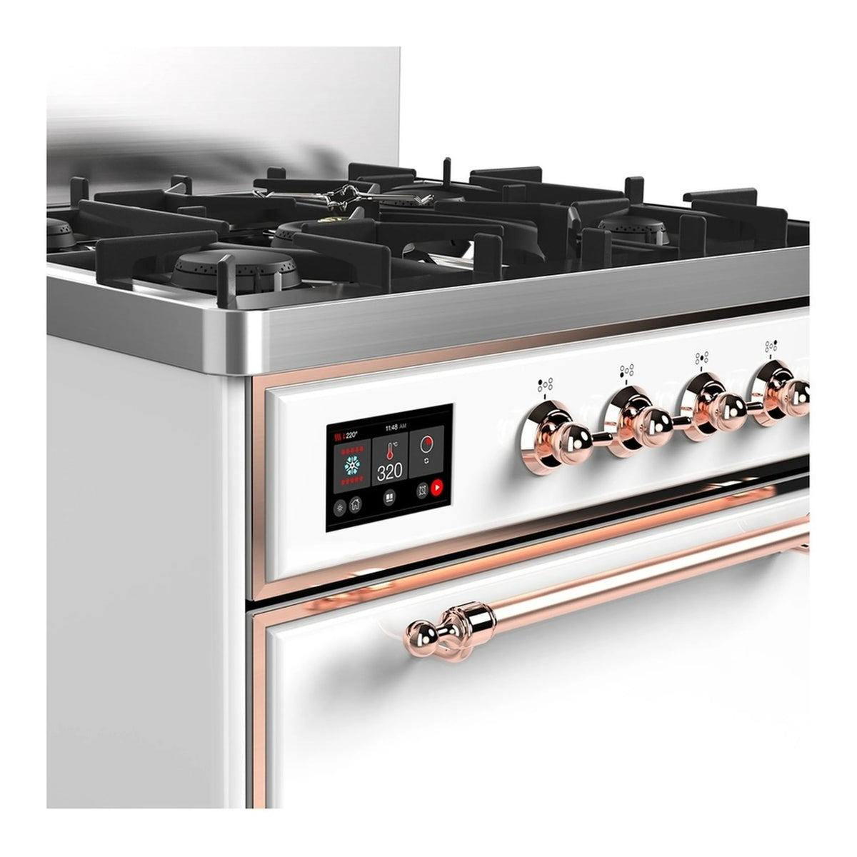 Copper-trimmed control knobs and digital display on white dual fuel range front.
