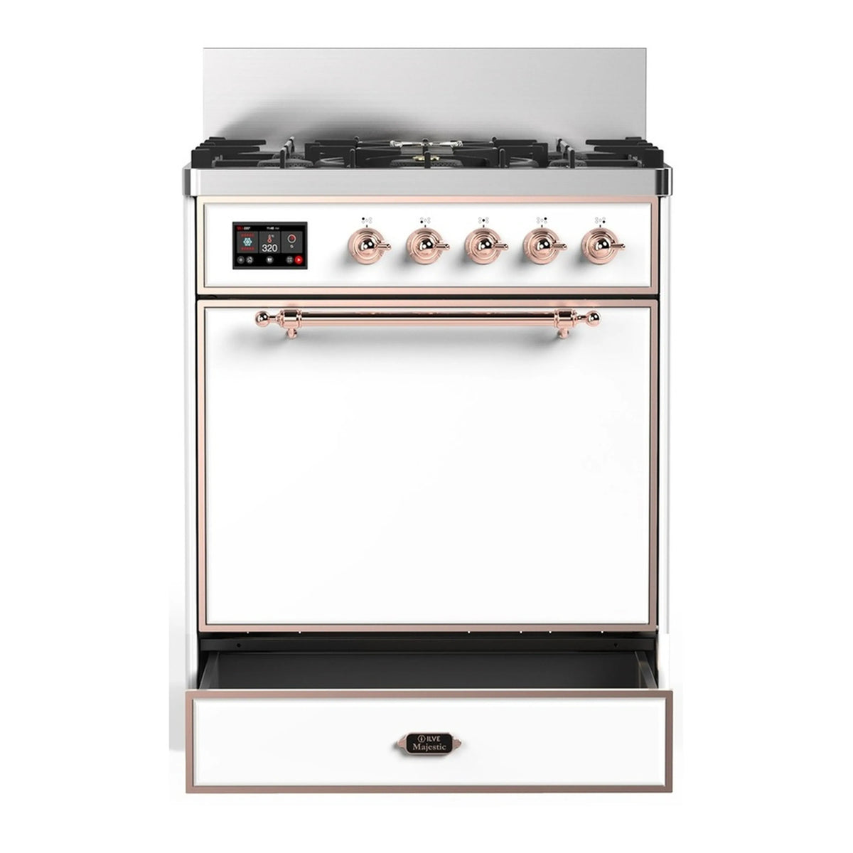 White dual fuel range with copper-trimmed burners, oven door, and storage drawer.