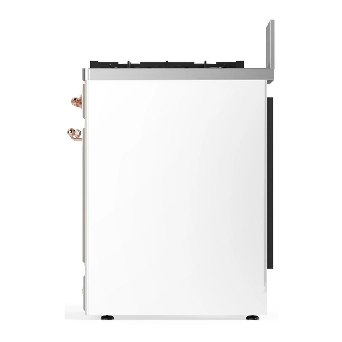 White range side view with copper accents and black top burner grates.