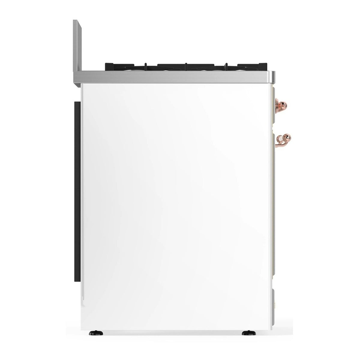 White range side panel with copper handle details and black burner grates above.