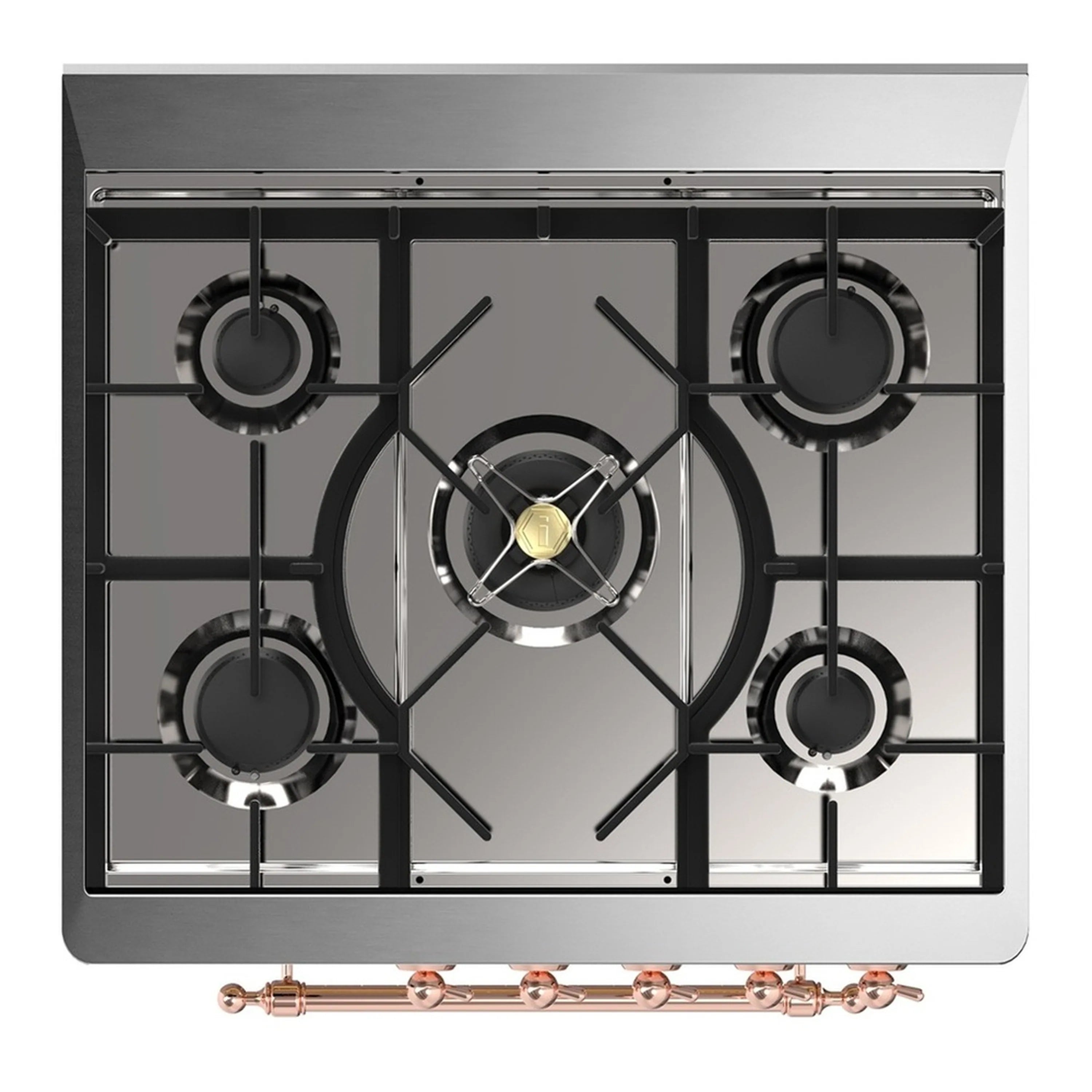 Five-burner gas cooktop with black grates, copper manifold, and burner caps.