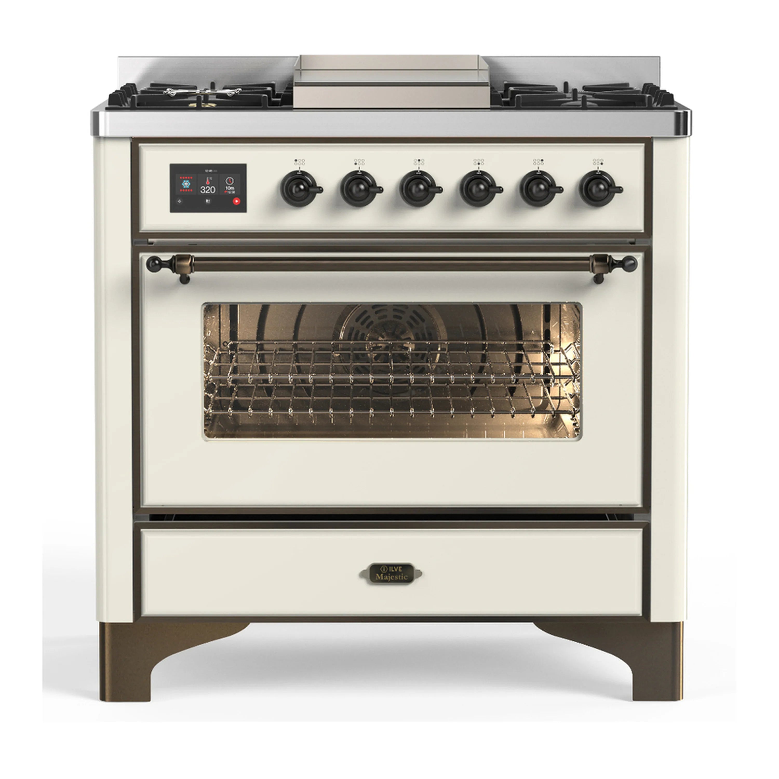 Antique white dual fuel range with 6 natural gas burners and open oven door
