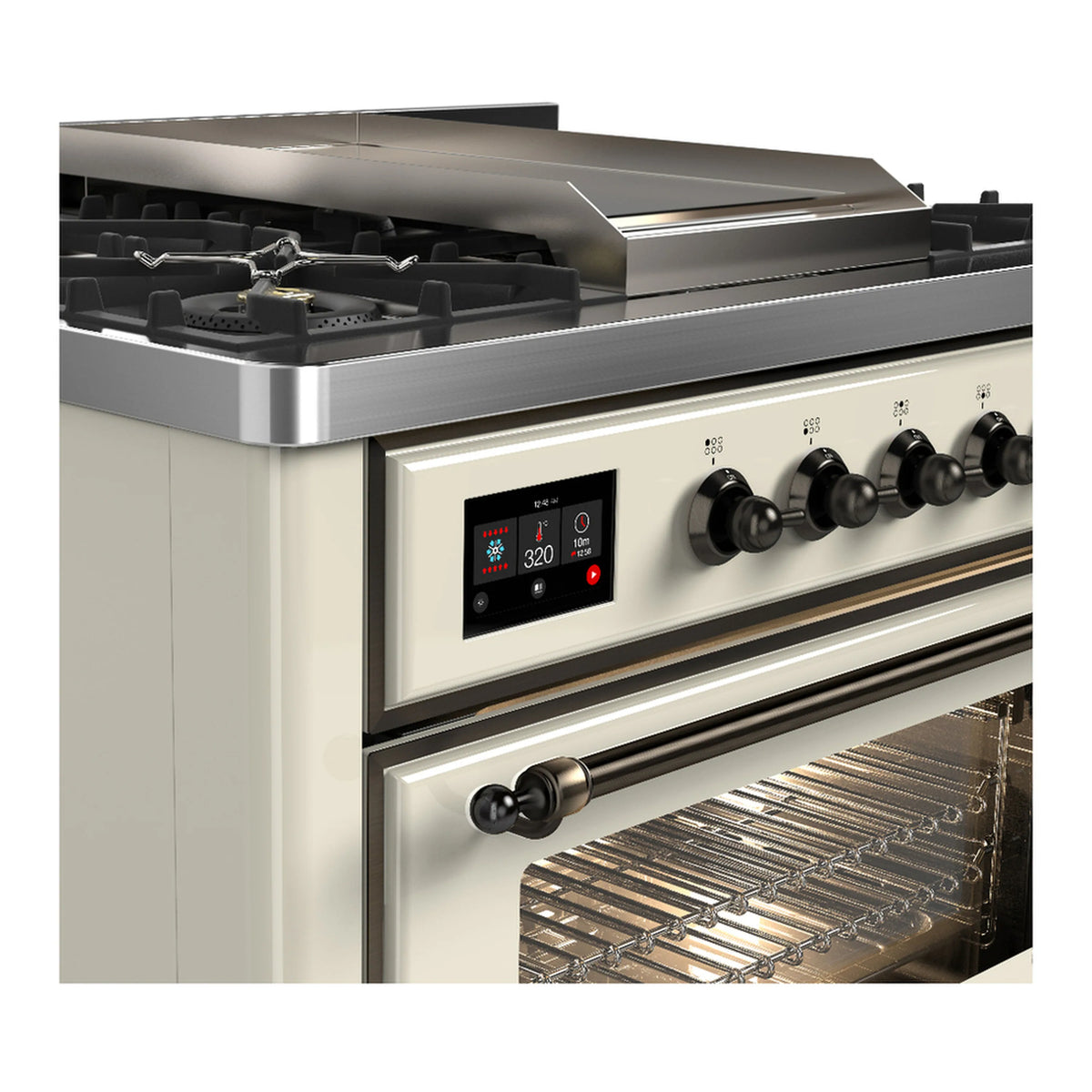 Dual fuel range control panel with knobs, digital display, and open oven interior