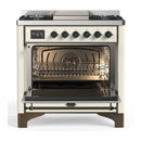 ILVE Majestic III 36-inch Dual Fuel Range with 6 Natural Gas Burner, Griddle and Triple Glass Door Electric Oven in Antique White with Burnished Trim (UM36FNR3AWB)
