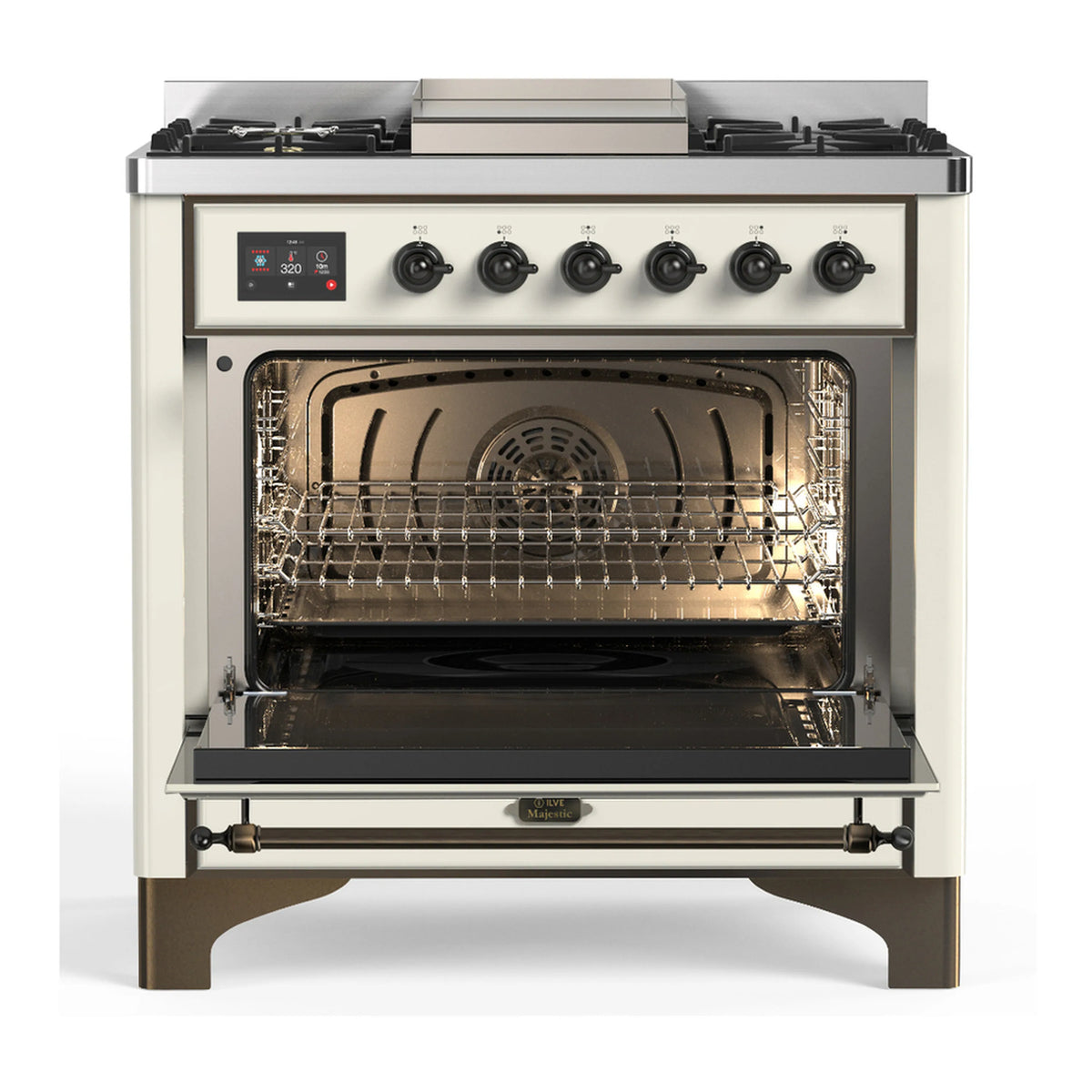 Antique white dual fuel oven with wire rack inside, glass door open