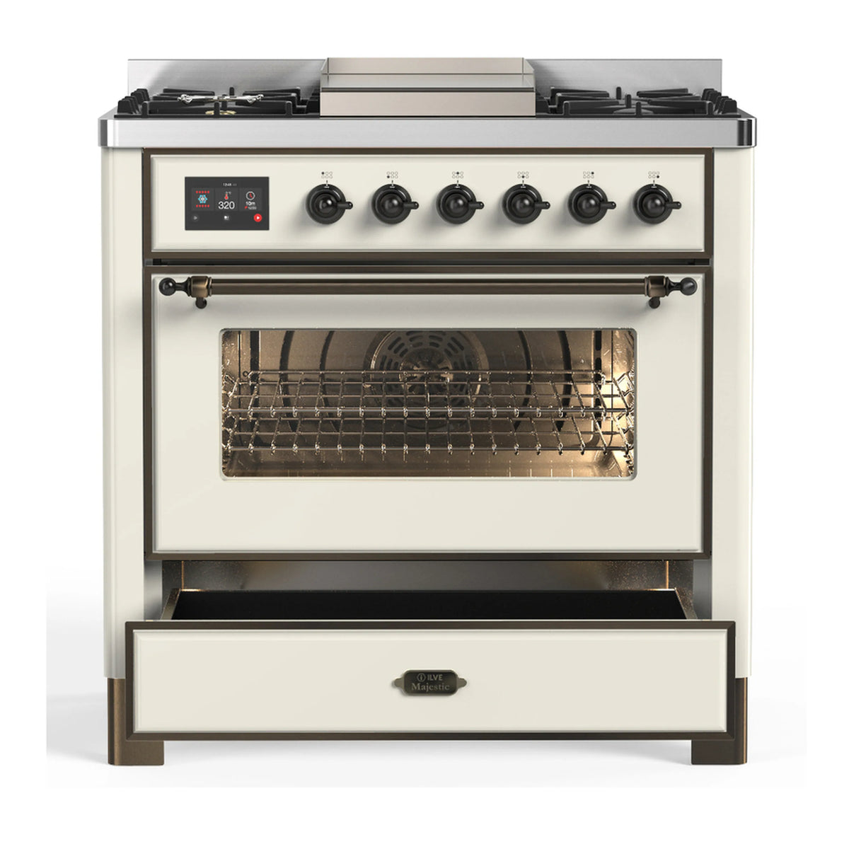 Antique white dual fuel range with oven window and open drawer below