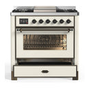 ILVE Majestic III 36-inch Dual Fuel Range with 5 Liquid Propane Burner, Griddle and Triple Glass Door Electric Oven in Antique White with Burnished Trim (UM36FNR3AWBLP)