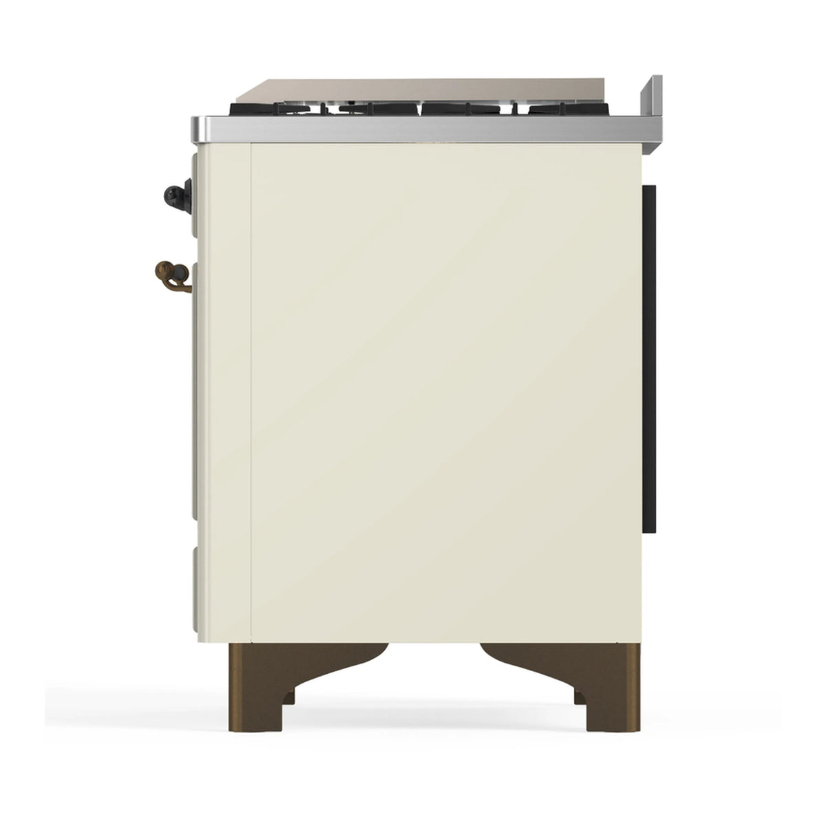 Antique white dual fuel range left side with burner head on top