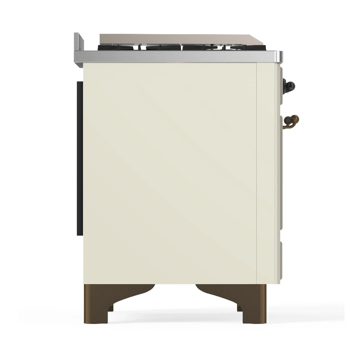 Antique white range rear/side view with vented panel and burner hood top