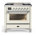 ILVE Majestic III 36-inch Dual Fuel Range with 6 Natural Gas Burner, Griddle and Triple Glass Door Electric Oven in Antique White with Chrome Trim (UM36FNR3AWC)