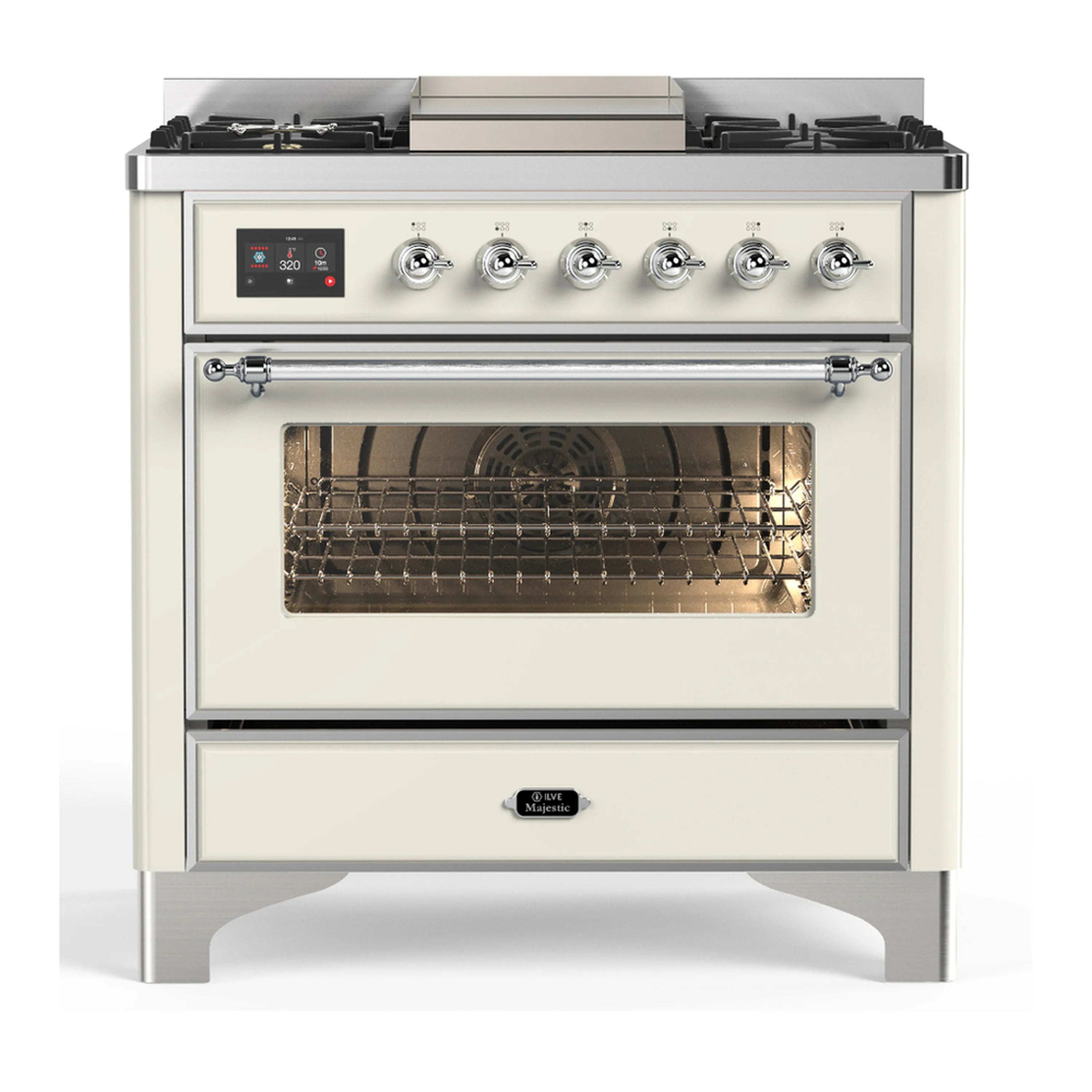 Antique white dual fuel range with open oven door and six burner control knobs.