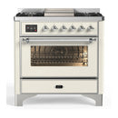 ILVE Majestic III 36-inch Dual Fuel Range with 6 Natural Gas Burner, Griddle and Triple Glass Door Electric Oven in Antique White with Chrome Trim (UM36FNR3AWC)
