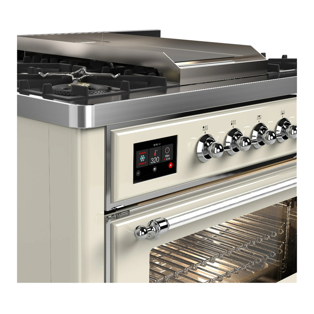 Antique white dual fuel range with chrome trim, six burners, and control knobs.