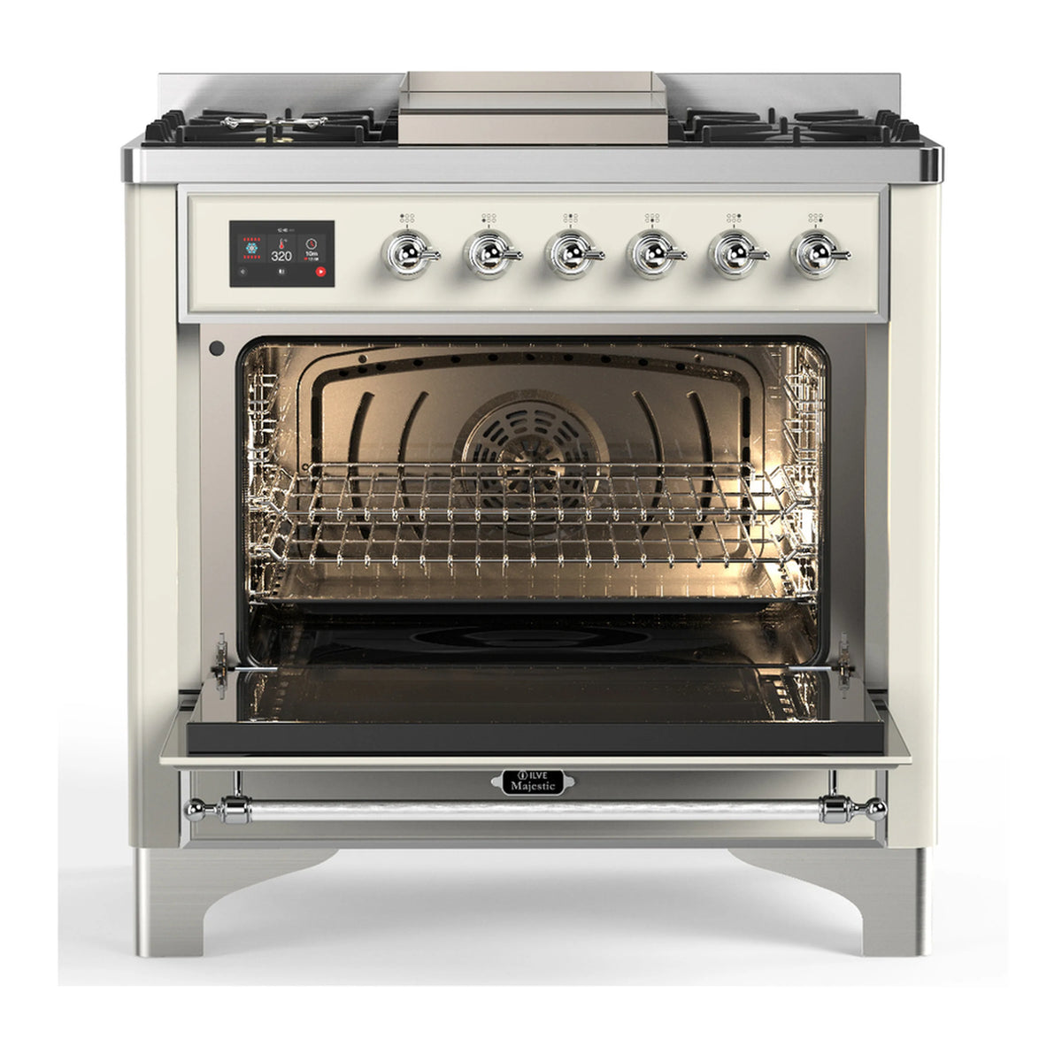 Antique white dual fuel range with open oven door, interior rack, and burner control panel.