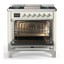 ILVE Majestic III 36-inch Dual Fuel Range with 6 Natural Gas Burner, Griddle and Triple Glass Door Electric Oven in Antique White with Chrome Trim (UM36FNR3AWC)