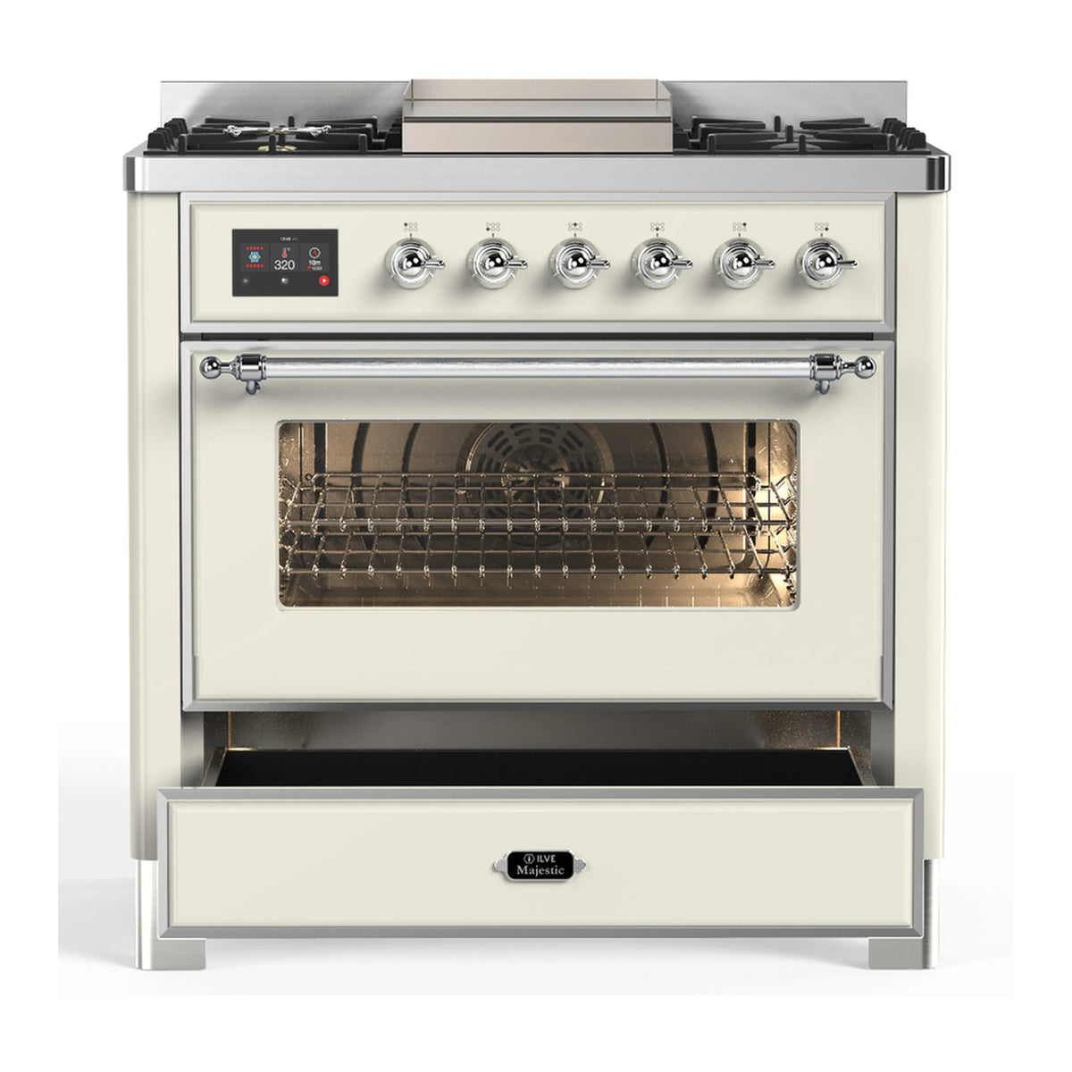 Antique white dual fuel range with oven door open and baking cavity with metal rack.