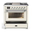ILVE Majestic III 36-inch Dual Fuel Range with 6 Natural Gas Burner, Griddle and Triple Glass Door Electric Oven in Antique White with Chrome Trim (UM36FNR3AWC)