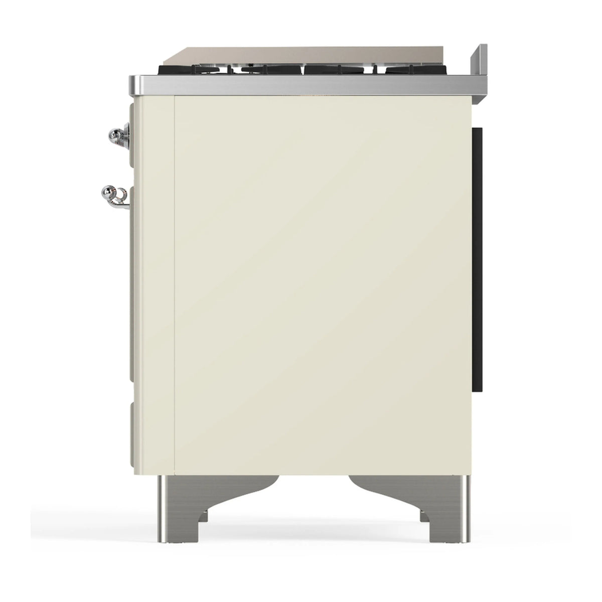 Antique white range cabinet with chrome trim and raised cooktop backguard.