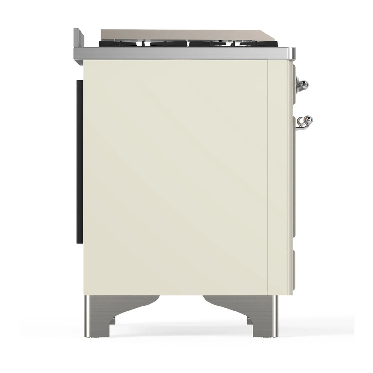 Antique white range rear cabinet with chrome trim and raised cooktop backguard.