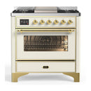 ILVE Majestic III 36-inch Dual Fuel Range with 6 Natural Gas Burner, Griddle and Triple Glass Door Electric Oven in Antique White with Brass Trim (UM36FNR3AWG)