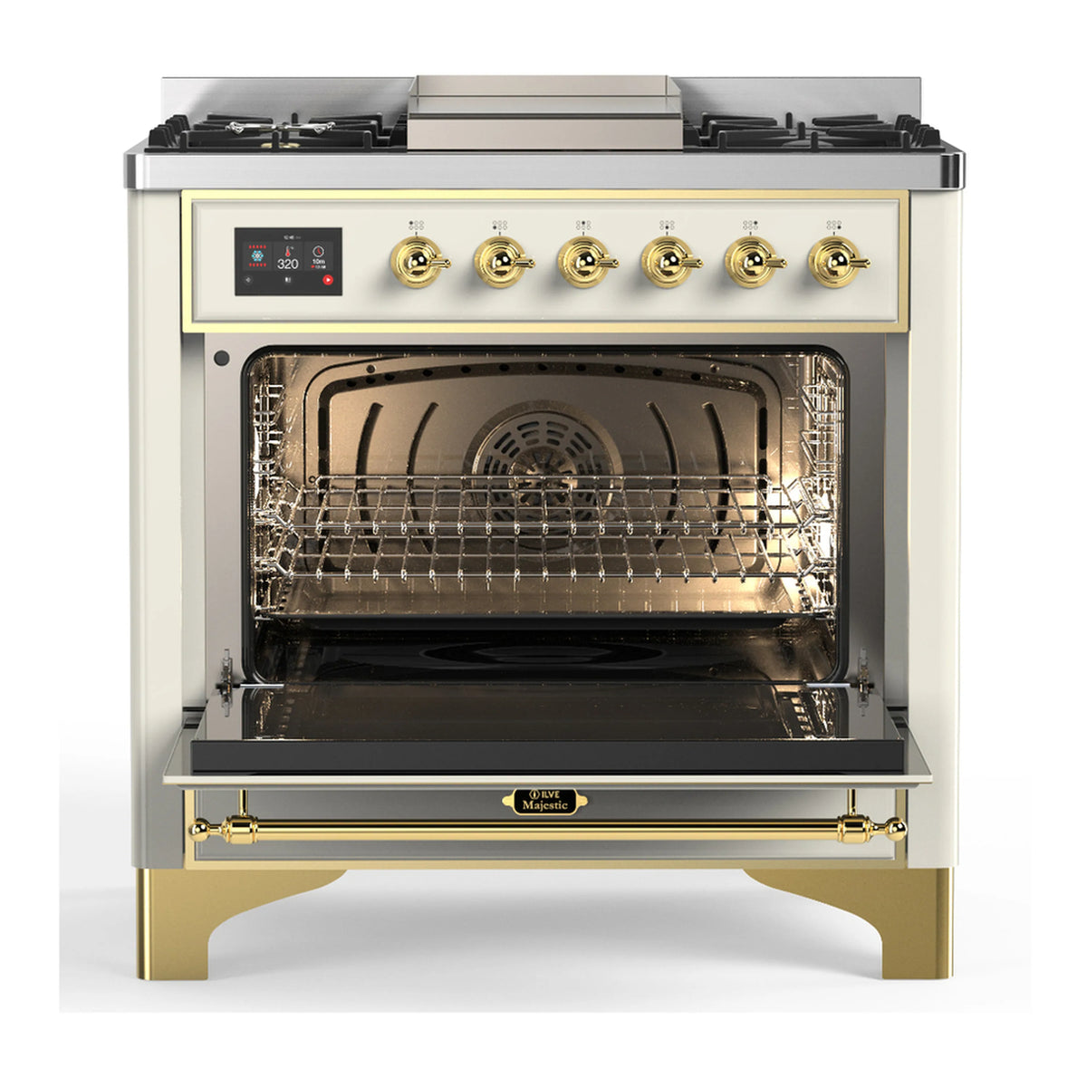 Antique white dual fuel range with oven door open and wire rack inside, brass trim and burners