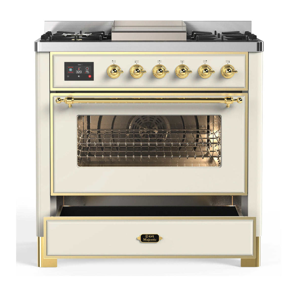 Antique white dual fuel range with brass trim, closed oven door and burner control panel