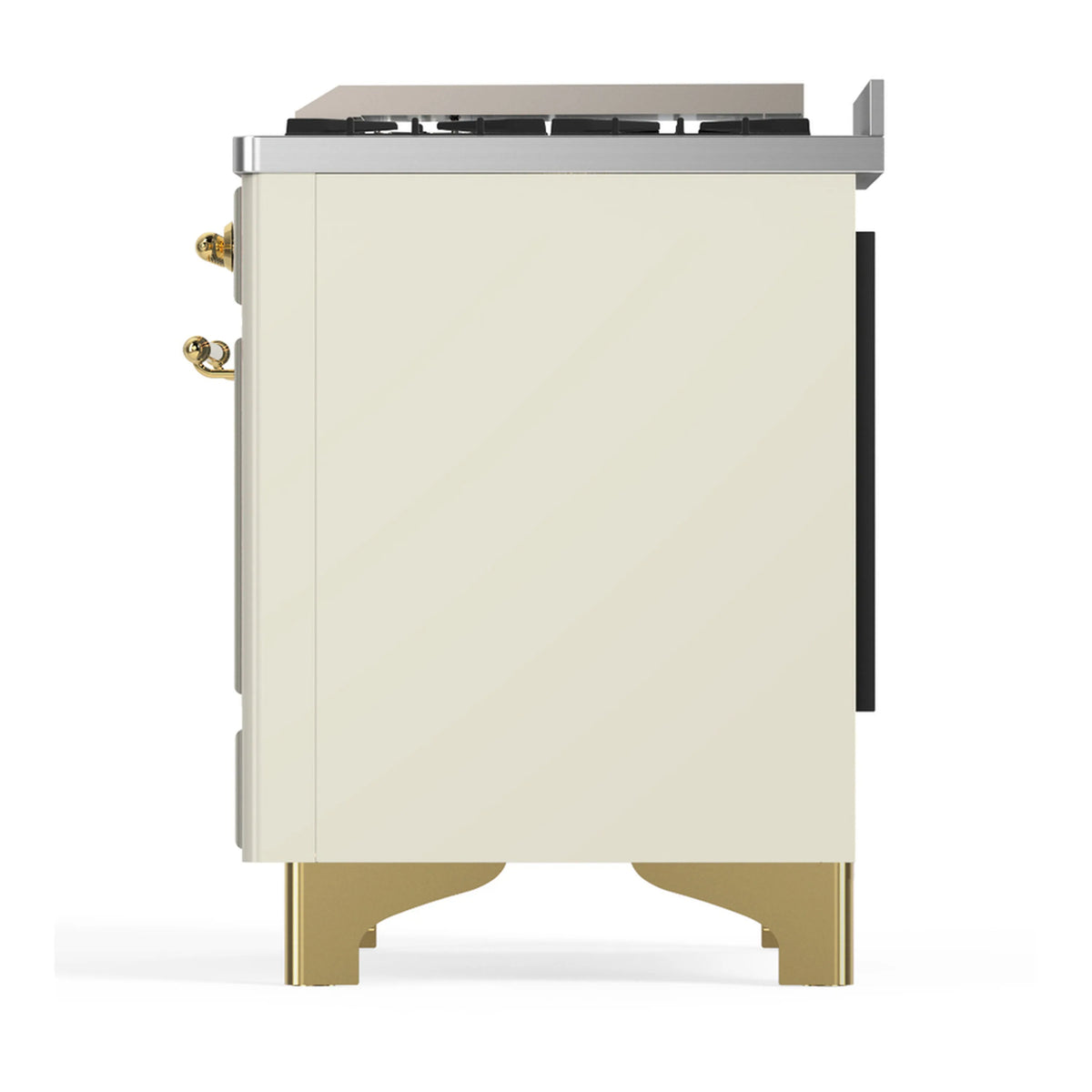 Antique white range side panel with brass trim and leveling feet