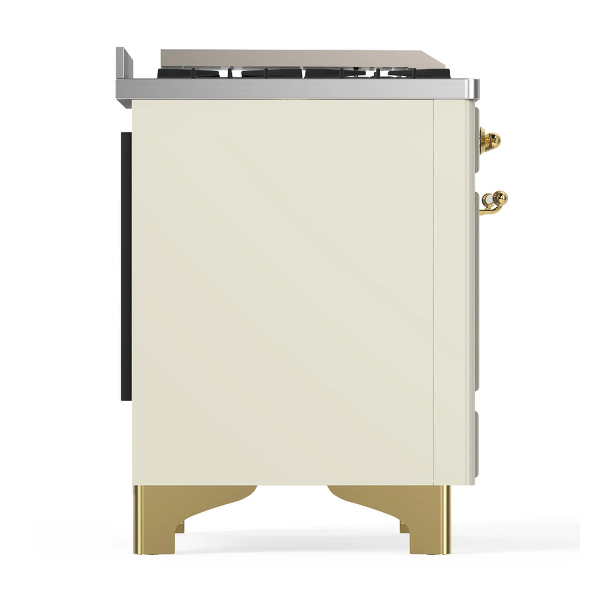 Antique white back corner of dual fuel range with brass base legs and dark rear trim
