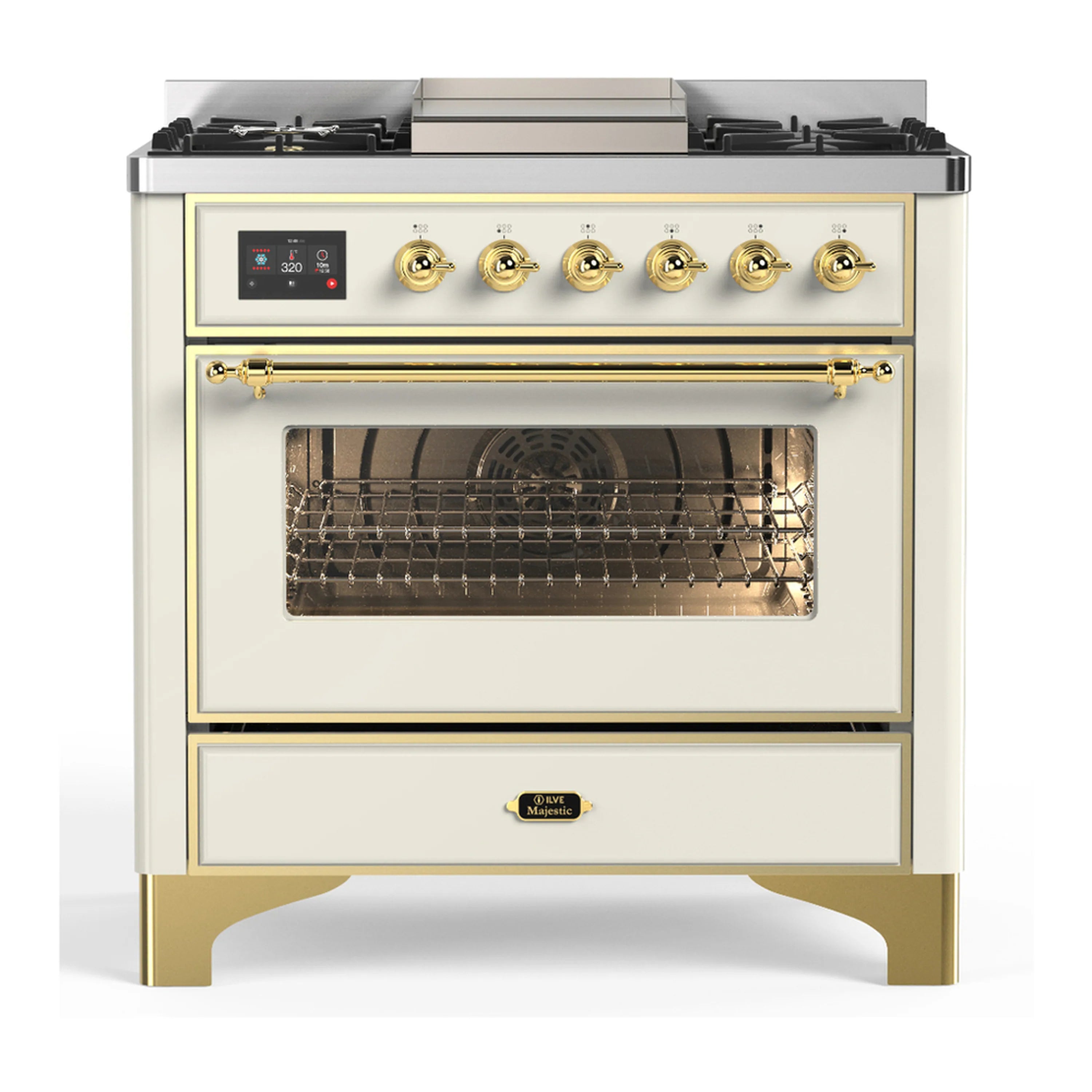 Antique white dual fuel range with brass trim, open oven door and 5 gas burners