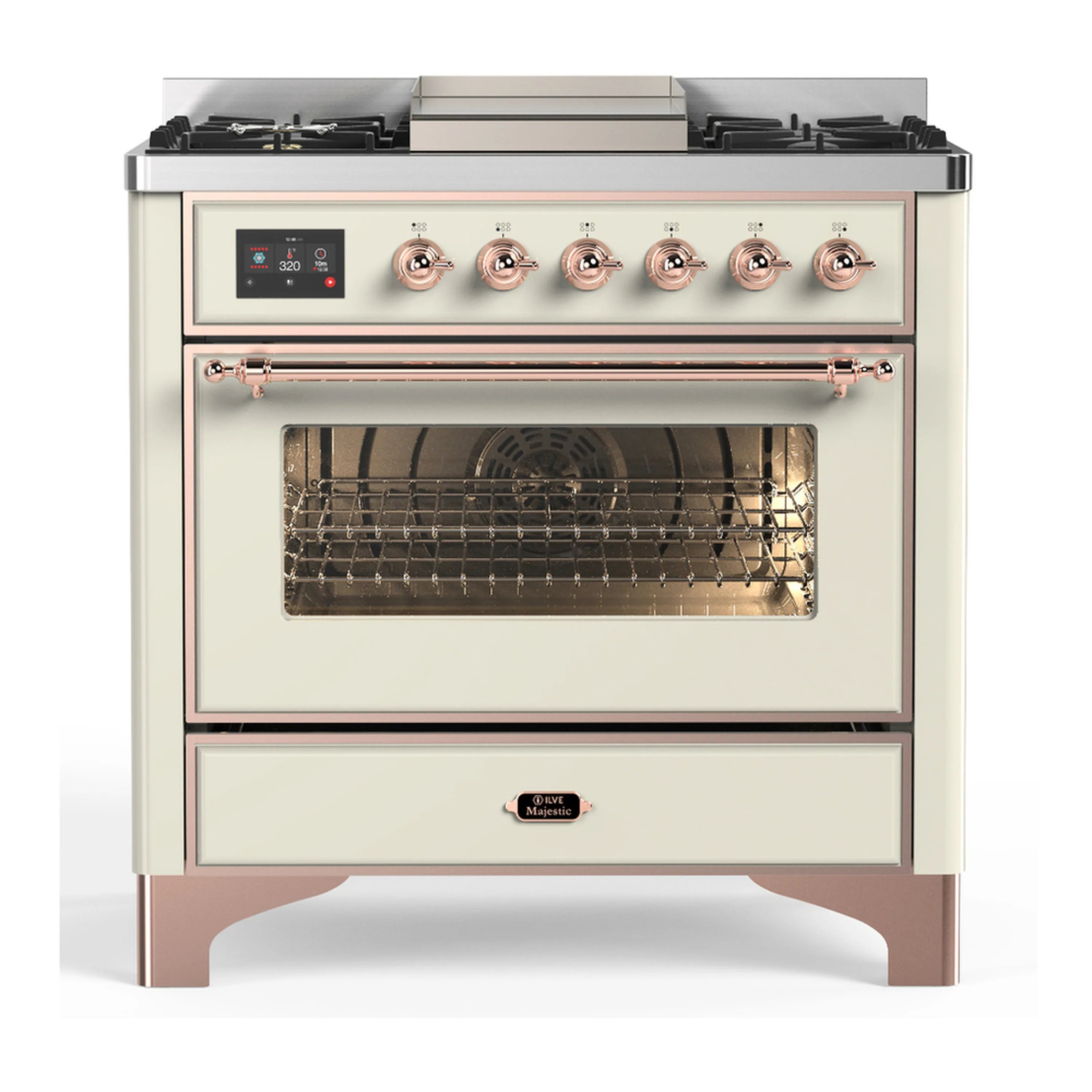 Antique white dual fuel range with copper trim, oven door closed and control knobs on front
