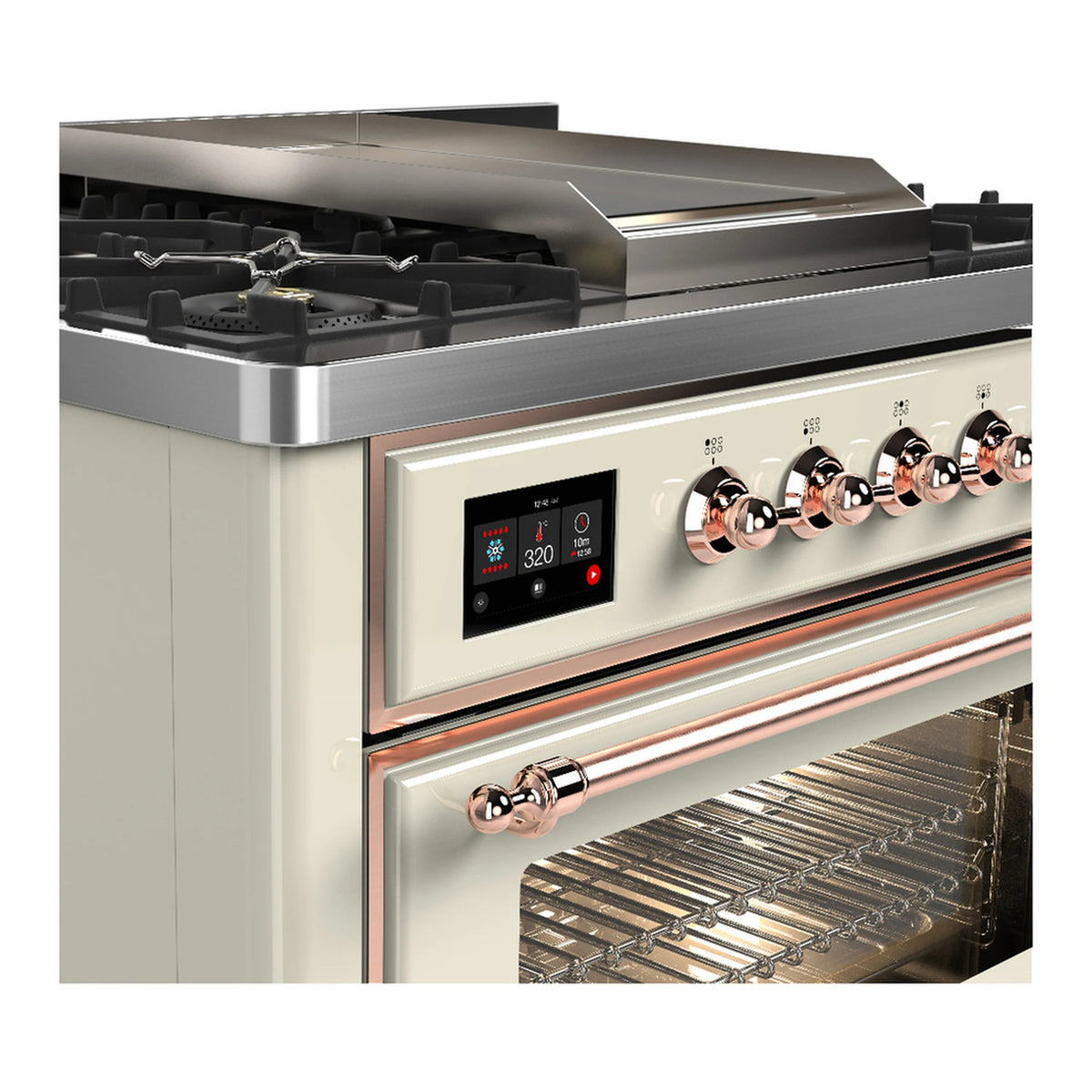 Dual fuel range with copper knobs and open oven rack, cooktop griddle and burners visible
