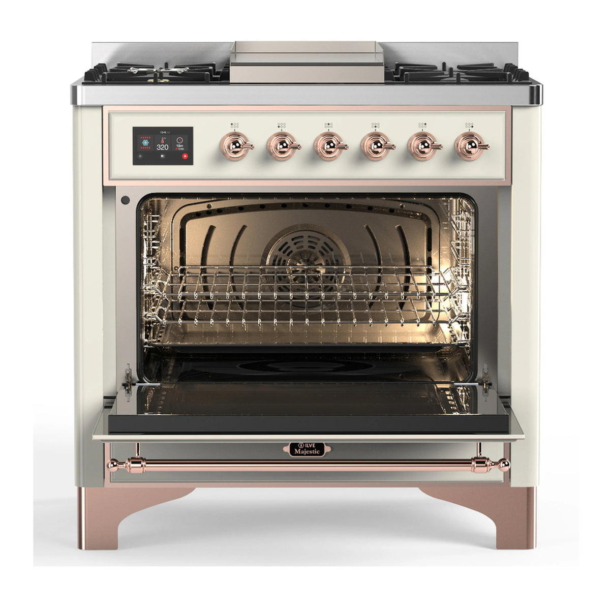Antique white dual fuel range with copper trim, open oven door and wire rack inside